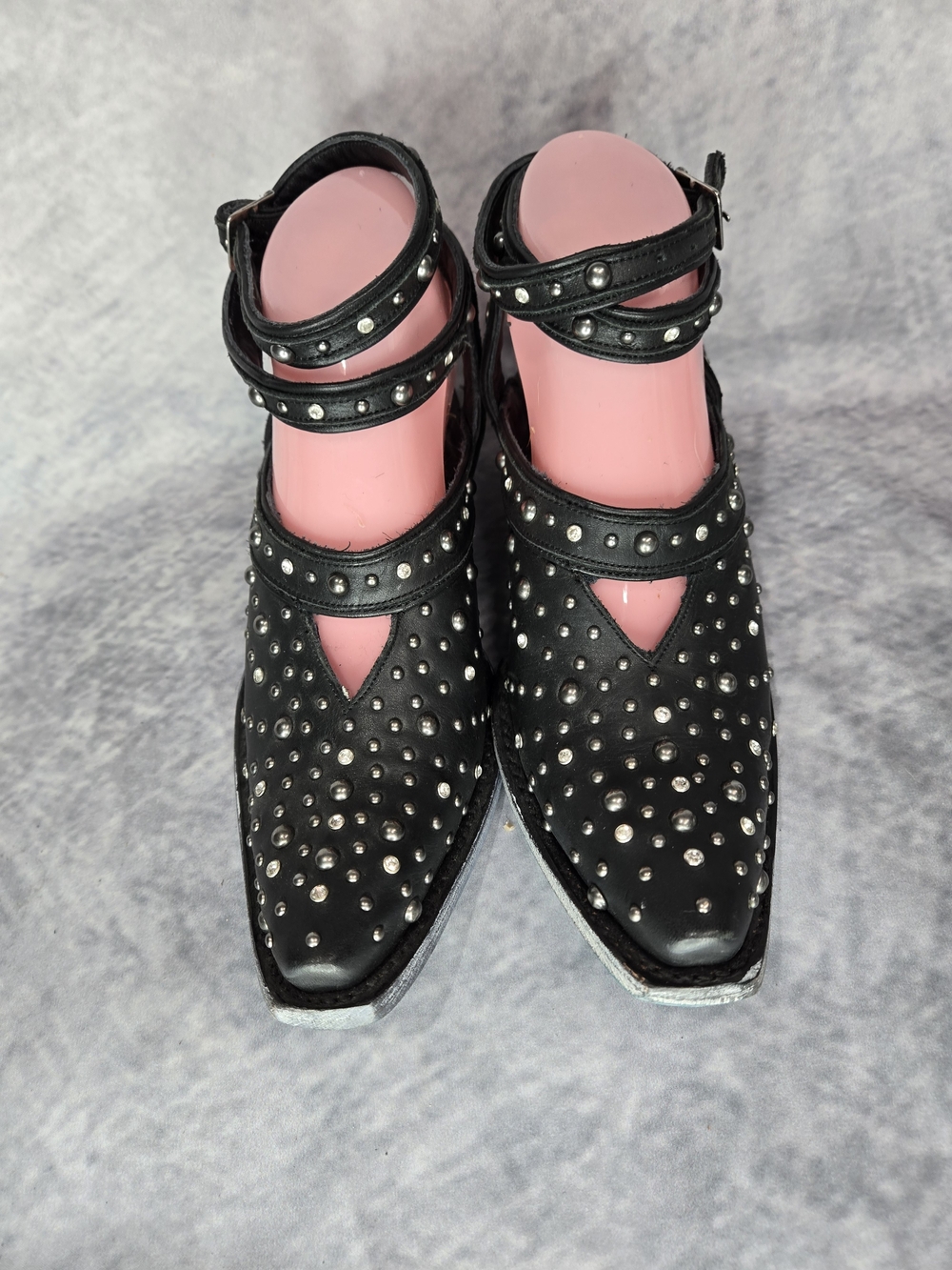 Lane Boots "Sparks Fly" Ankle Strap Clogs in Jet Black Leather.